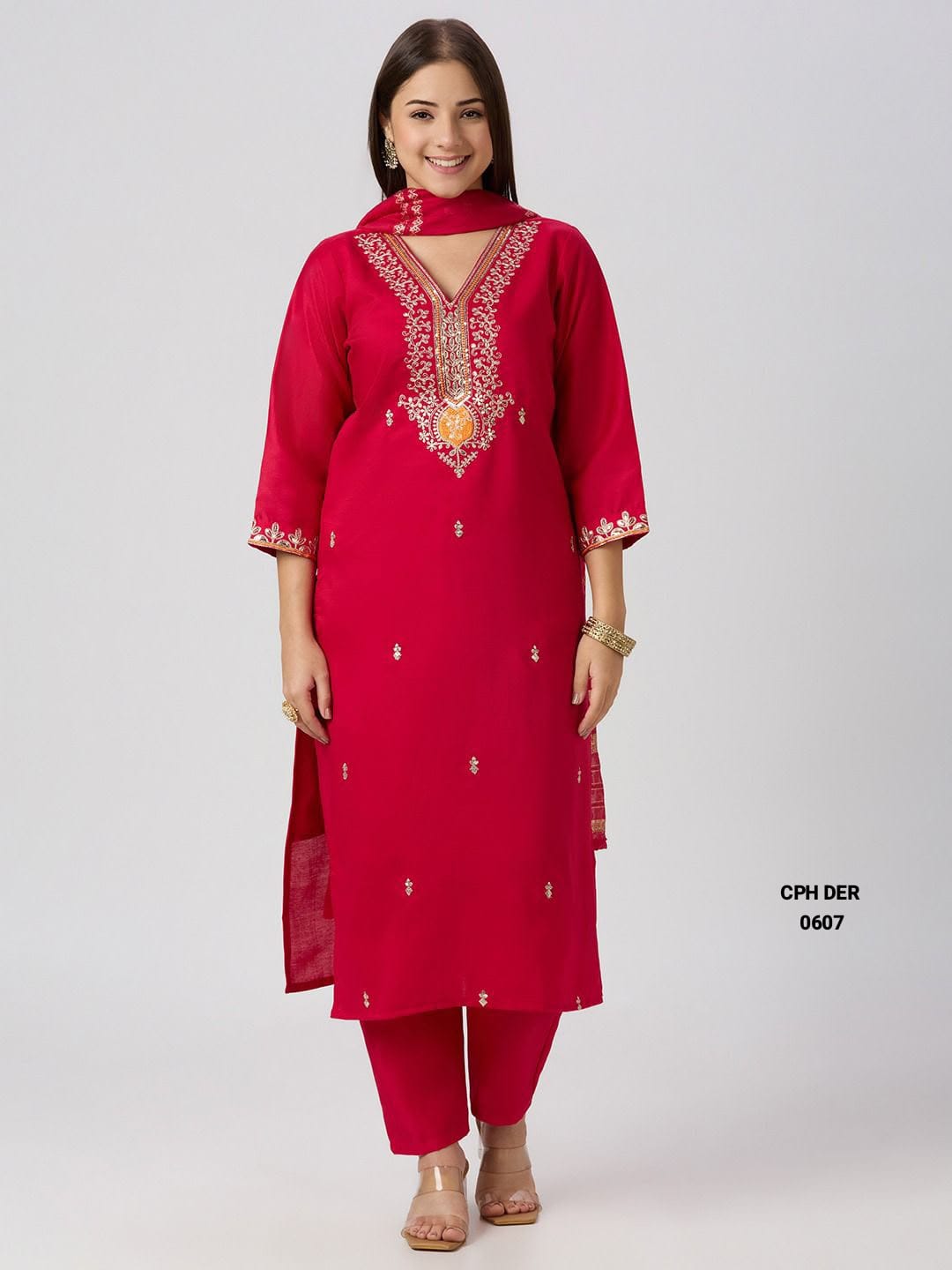 Crimson Red V-Neck Designers Kurti Pent Dupatta Salwar Suit